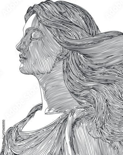 Stylized line art illustration of a woman with flowing hair showcasing elegance and beauty.