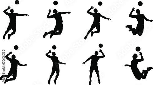 Silhouette volleyball player jumping and spiking ball, male athlete in motion, sport action poses, volleyball game vector illustrations