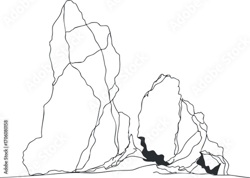 A minimalist abstract illustration of rocky formations with intricate outlines and contours.