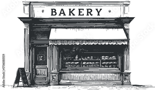 A vintage illustration of a bakery storefront showcasing various baked goods and pastries.