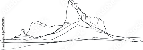 A minimalist black and white line drawing of a mountainous landscape with a prominent peak.