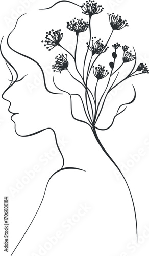 A minimalist silhouette of a woman with flowers integrated into her hair design.