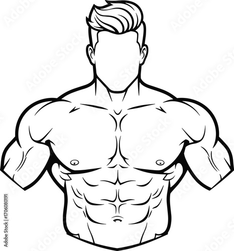 Black and white vector illustration of muscular male upper body anatomy with defined abs, chest, arms, shoulders, and fitness physique