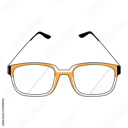 Vector art of stylish orangeframed eyeglasses with thin black temples, presented fronton against a clean, symbolizing vision and intellect