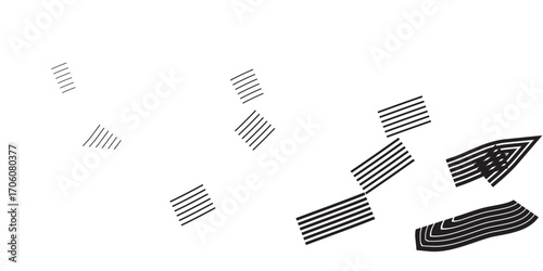 Abstract black striped geometric shapes floating and transforming in a minimalist composition.