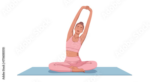 Vector illustration of a woman in pink sportswear doing a seated side bend on a yoga mat.