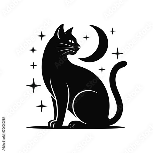 Mystical Black Cat Silhouette Illustration Sitting with Crescent Moon and Stars Design