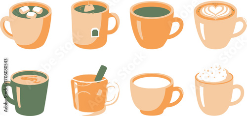 Illustrated Beige Mugs with Various Beverages on a White Background, Simple Style