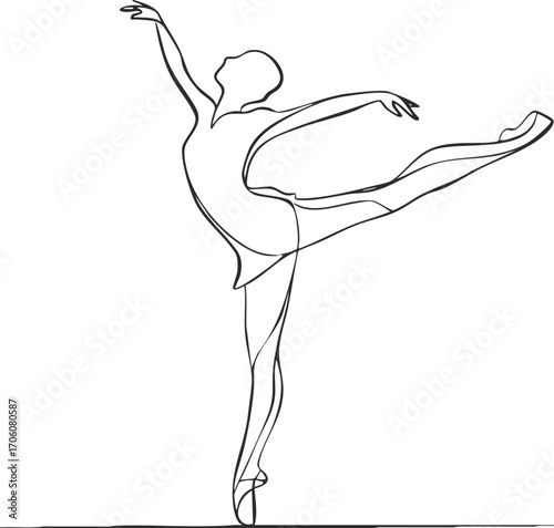 A graceful line art illustration of a female dancer in an elegant ballet pose.