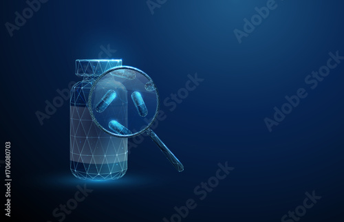 Blue medicine bottle with magnifying glass with capsules inside. Pharmaceuticals, medication, drug development, pharmacy research concept.