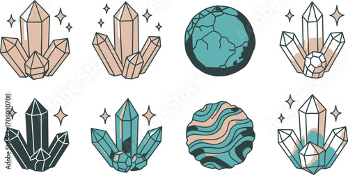 Illustrated Crystals and Spheres in Various Colors with Transparent Background