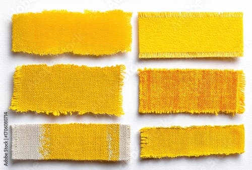 Six yellow fabric swatches, each textured differently and arranged on a white surface, showing variations in weave, cut, and finish