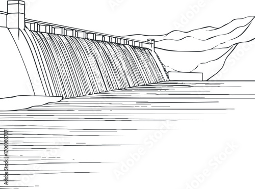 A detailed black and white illustration of a dam with flowing water and surrounding landscape.