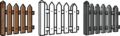 Illustrated Wooden Fence in Brown, White Outline, and Gray Styles Transparent BG