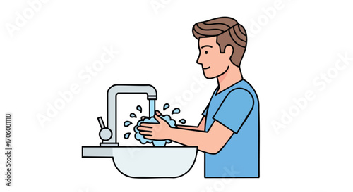 Vector illustration of a young man washing his hands with soap and running water.