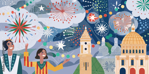 Diverse people celebrating a festive fireworks display over a european city skyline at night
