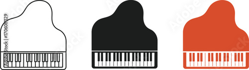 Isolated Grand Piano Icons in Outline, Silhouette, and Solid Fill Styles on White