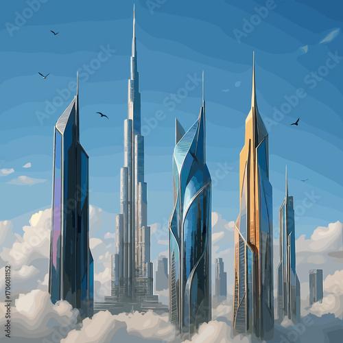 Futuristic skyline with skyscrapers and clouds against a blue sky