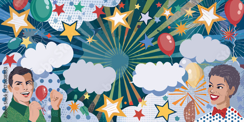 Excited diverse couple celebrating with balloons stars and speech bubbles in a vibrant party background