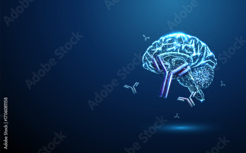 Blue 3d human brain with floating antibodies around. Autoimmune brain diseases, neurological diagnostics, antibody-based immunotherapy concept.
