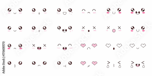 Collection of cute kawaii anime faces with various expressive emotions and blush details