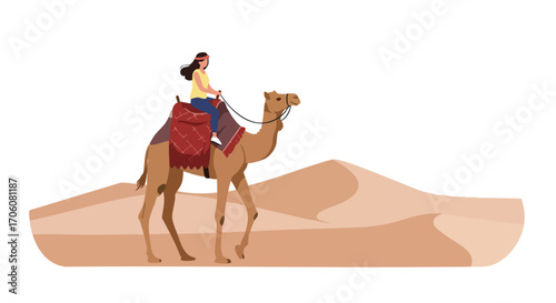 Vector illustration of a young woman riding a dromedary camel with a red saddle across sandy desert dunes.