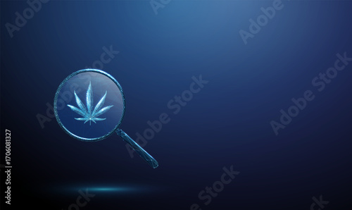 Magnifying glass with cannabis leaf inside. Medical research, cannabinoid study, drug development, biotechnology, legalization, healthcare concept.
