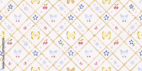 Charming watercolor pattern with butterflies flowers cherries and bows on a diamond grid background