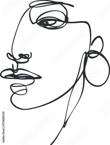 Minimalist line art illustration of a woman's face in a stylized and abstract manner.