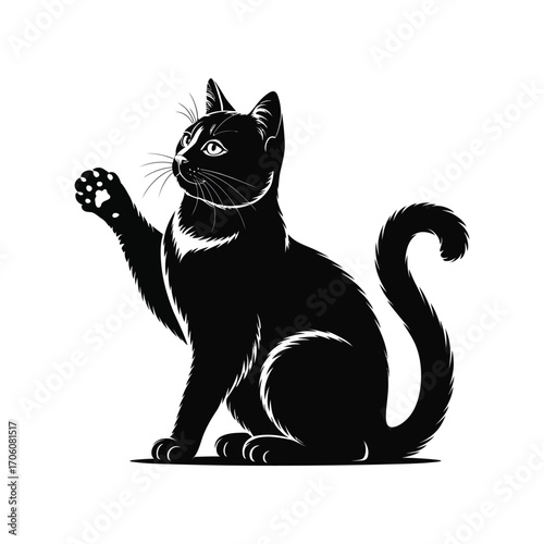 Alert Cat Silhouette Illustration of a Feline Sitting with Paw Raised in Black and White