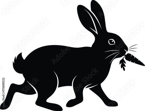 Minimal vector silhouette, rabbit with carrot in mouth, trotting side profile, solid black