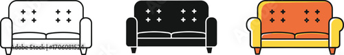 Isolated Upholstered Armchair Outline, Black Silhouette, and Colored