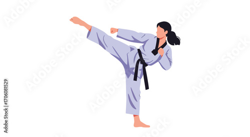 Woman with a black belt in a dobok performing a high side kick martial arts move.