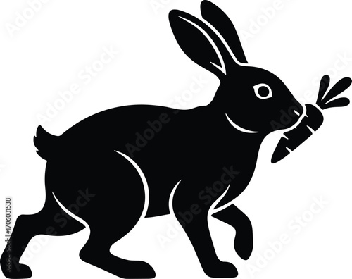 Minimal vector silhouette, rabbit with carrot in mouth, trotting side profile, solid black
