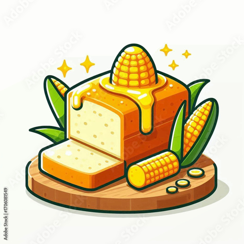 Delicious Cornbread Cartoon Illustration Sweet Corn Loaf on Wooden Board