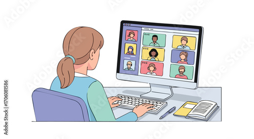 Woman with a ponytail at a desk participating in a diverse online video conference call.