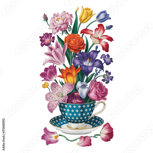 A surreal image of a teacup and saucer filled with an explosion of vibrant flowers.