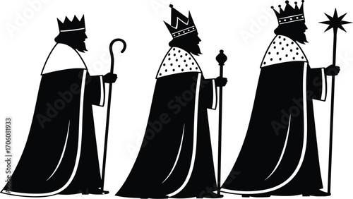 Black and white vector illustration of Three Wise Men with crowns, gifts, and staffs, Christmas nativity scene, religious, and cultural celebration concept
