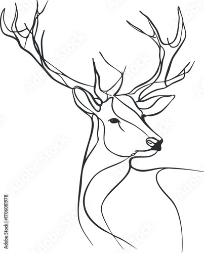 Stylized line art illustration of a deer head with elegant antlers in black and white.