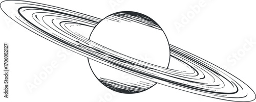 Illustration of Saturn, featuring its iconic rings, in a black and white outline design.