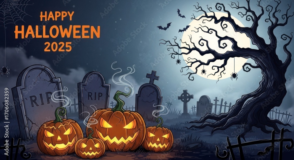 Fototapeta premium Spooky Halloween 2025 scene with glowing jack o lanterns in a creepy graveyard.