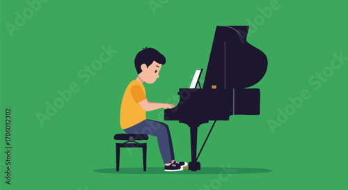 Young boy with black hair in a yellow shirt playing a classical grand piano.