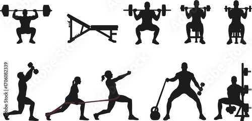 Silhouettes of people performing various strength training exercises with weights, resistance bands, and gym equipment showcasing fitness and workout routines.