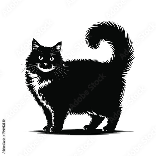 Fluffy Cat Silhouette Illustration of a Long-Haired Feline Standing with Tail Curled