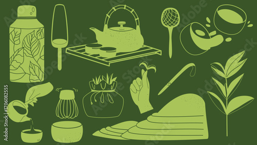 Retro matcha tea set in green design traditional elements. Perfect for cafes, tea brands, packaging, and designers.