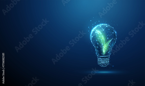 3d light bulb with green leaves inside. Eco friendly innovation, sustainable energy, green technology, energy, environmental solutions concept.