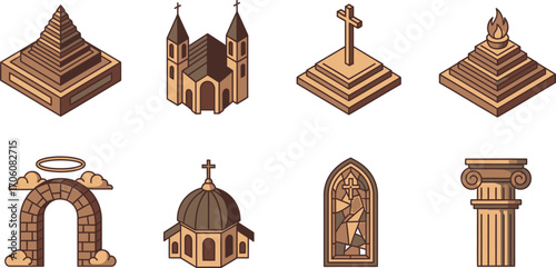 Isometric Religious Monuments Collection on White Background; Pyramid, Church, Cross