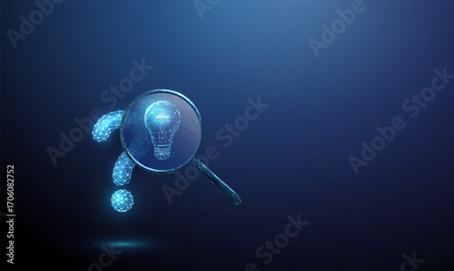 Blue 3d question mark under a magnifying glass with a light bulb inside. Inquiry, problem-solving, idea generation, curiosity, insight concept.