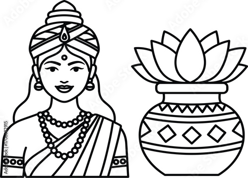 Black and white vector illustration of traditional Indian woman with decorative pot and lotus flower, cultural festival and religious symbolism