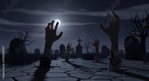 Zombie hands rising from graveyard at night. Spooky Halloween scene with tombstones and full moon. Horror concept for greeting card, book cover or party invitation.